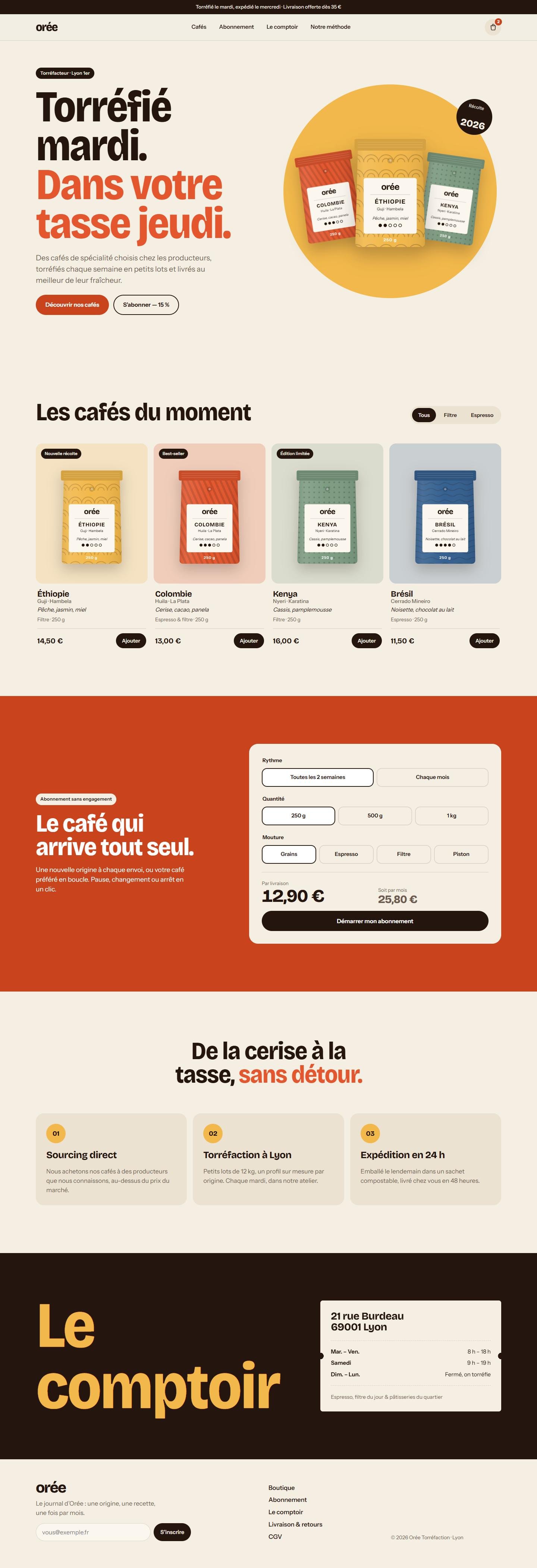 Page d’accueil complète de Orée, de l’en-tête au pied de page