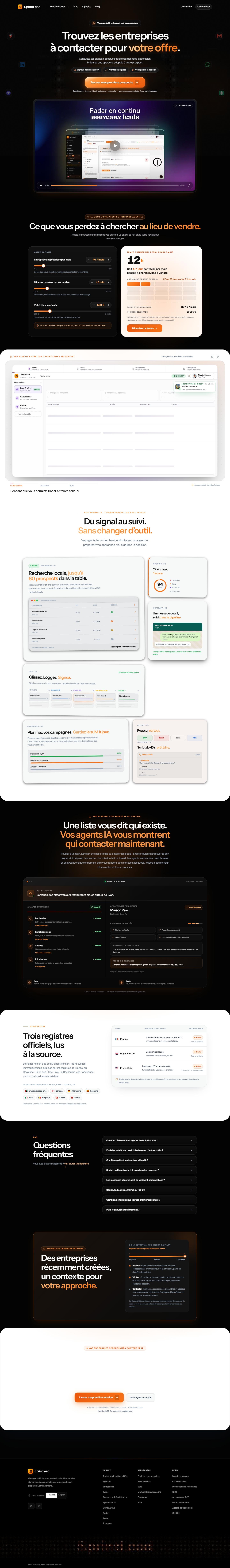 Page d’accueil complète de SprintLead, de l’en-tête au pied de page