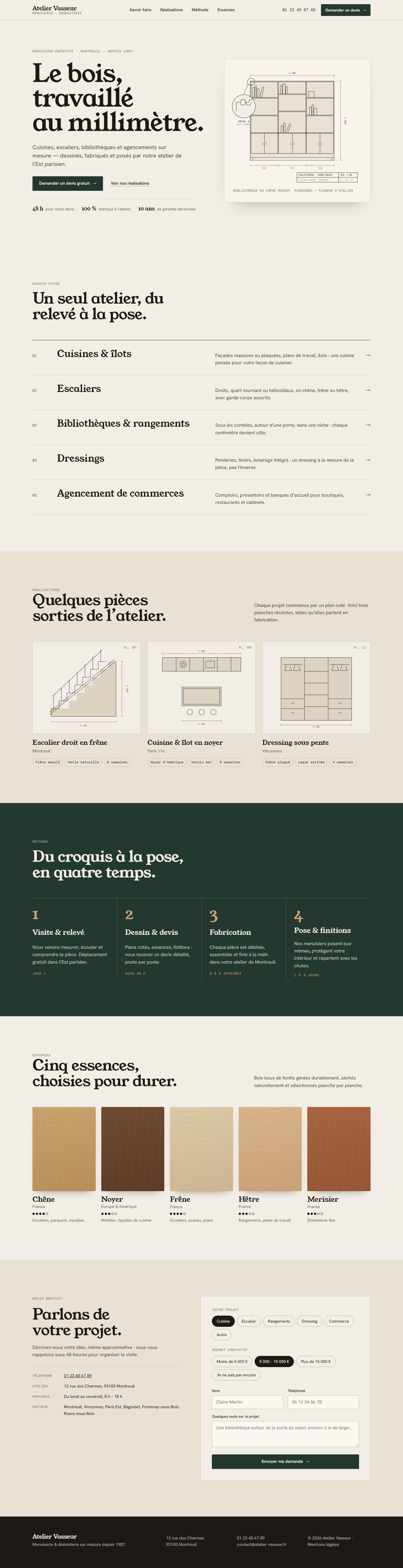 Page d’accueil complète de Atelier Vasseur, de l’en-tête au pied de page