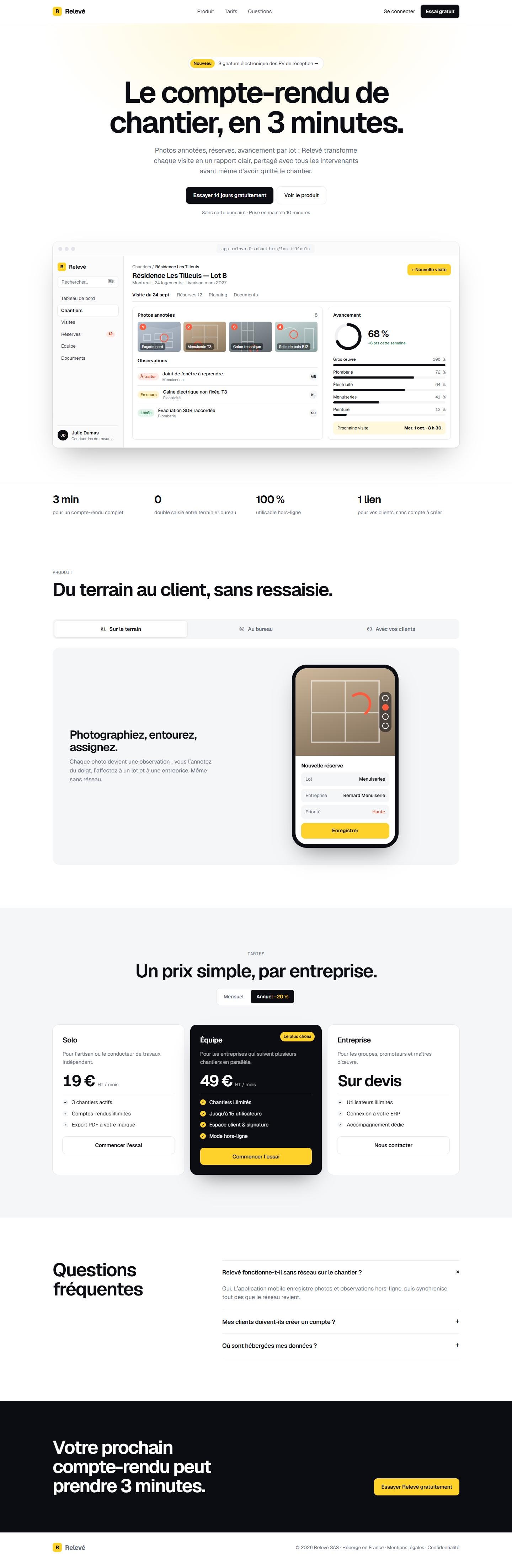 Page d’accueil complète de Relevé, de l’en-tête au pied de page