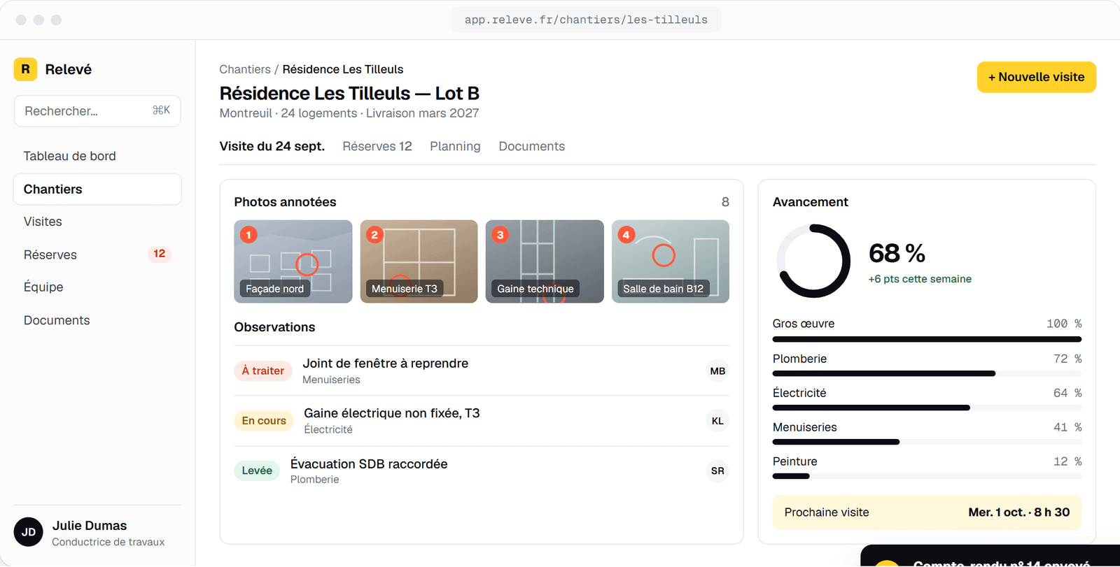 Interface de Relevé avec barre latérale, photos annotées, observations et avancement par lot.