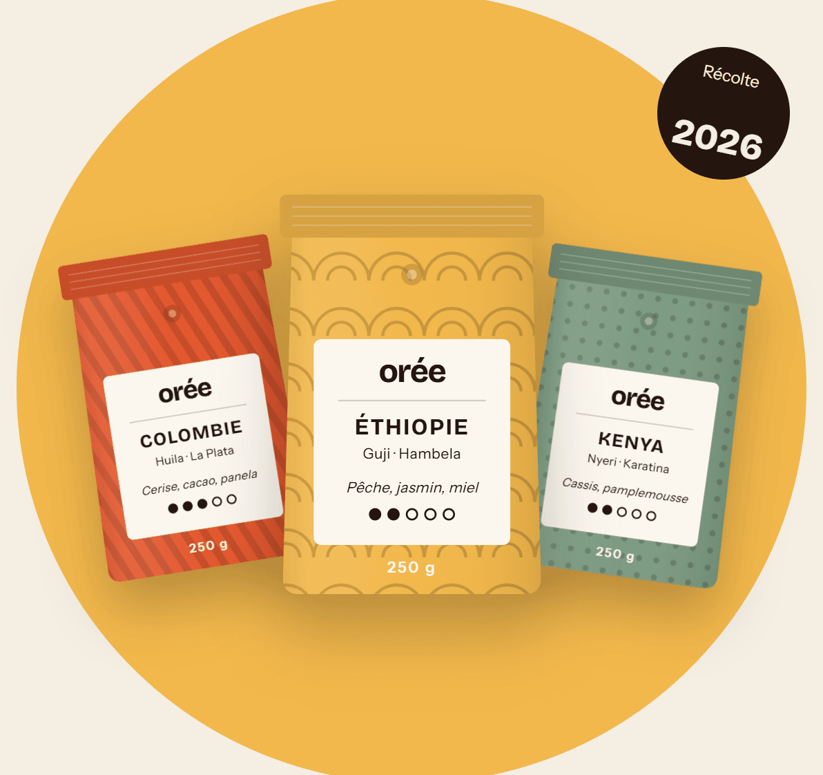Trois sachets de café Orée — Colombie, Éthiopie, Kenya — et le tampon « Récolte 2026 ».