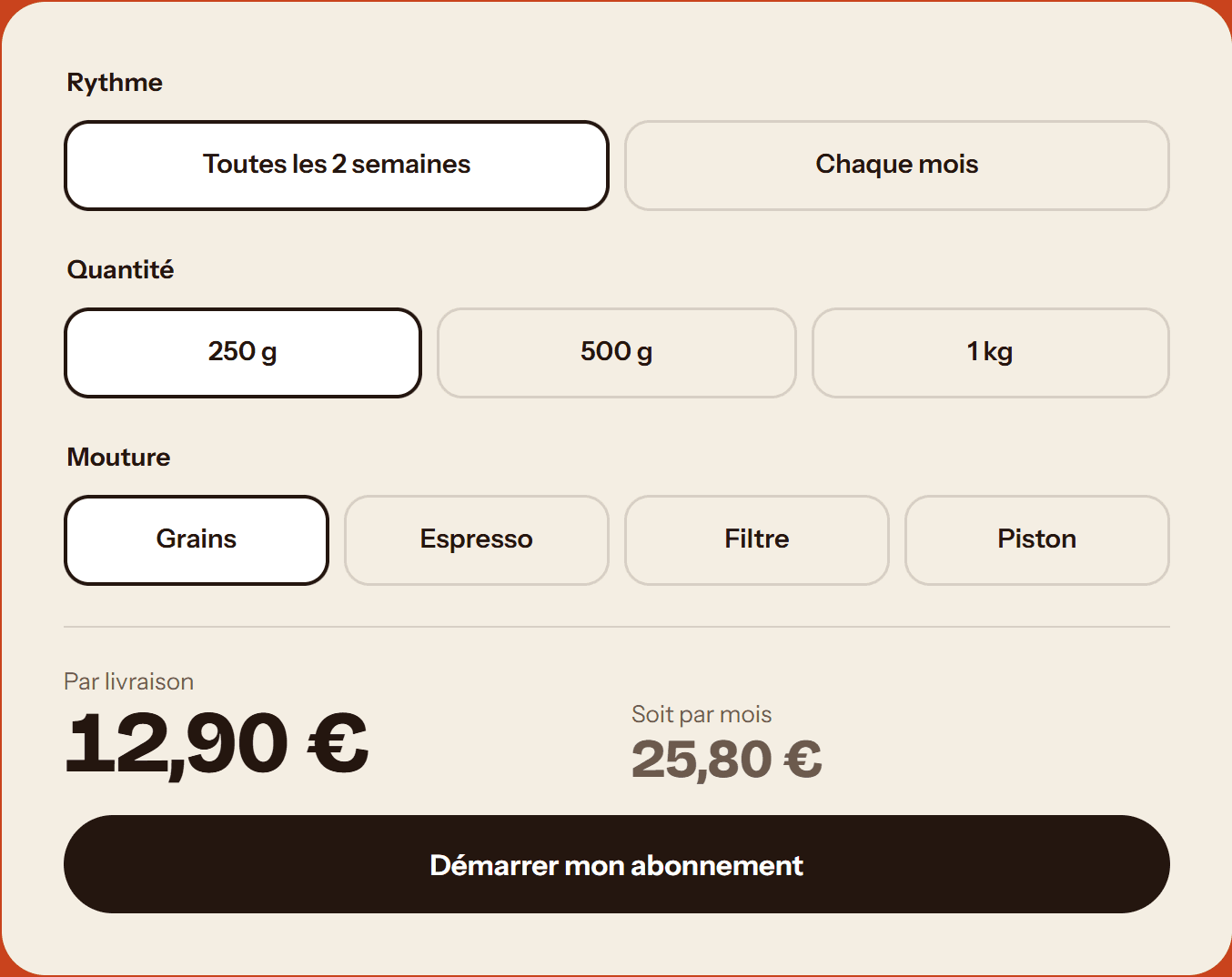 Configurateur d’abonnement Orée avec rythme, quantité, mouture et prix par livraison.