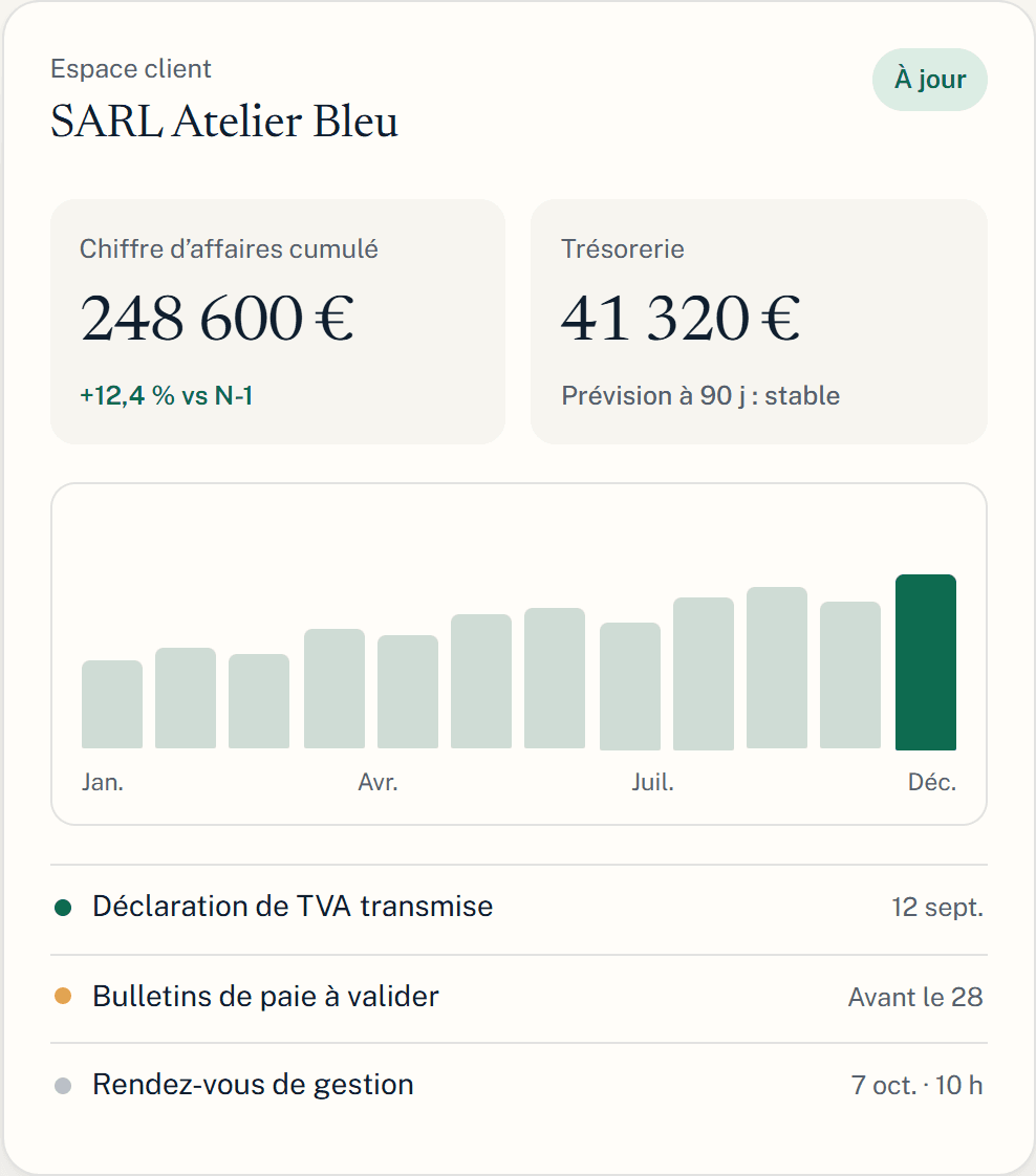 Aperçu de l’espace client avec chiffre d’affaires, trésorerie, graphique mensuel et tâches.