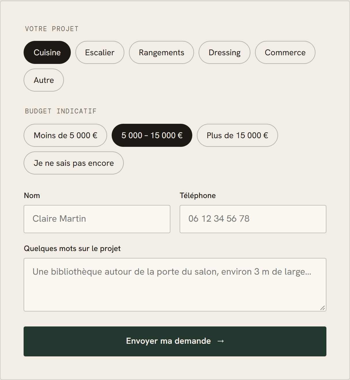Formulaire de devis avec choix du projet et du budget en puces cliquables.