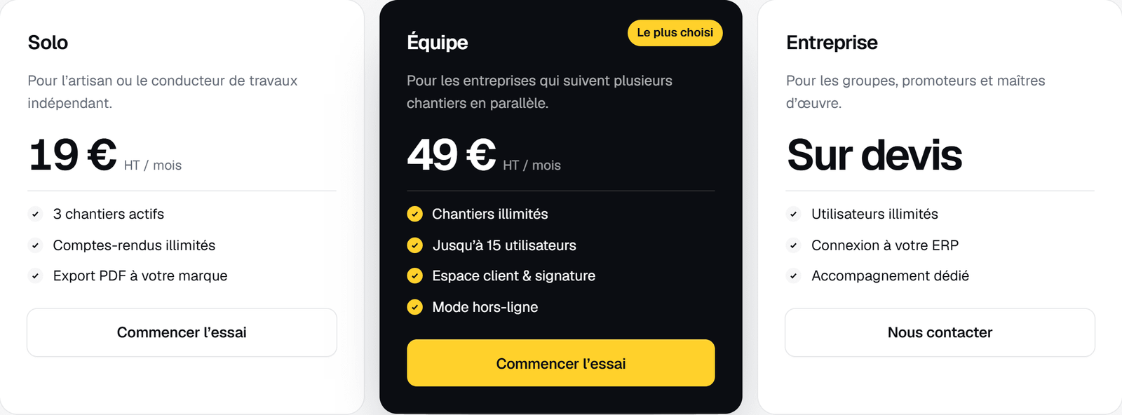 Trois formules tarifaires avec bascule mensuel et annuel.