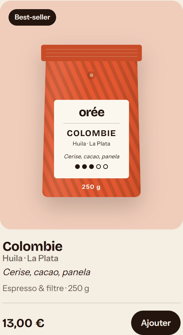 Fiche produit du café de Colombie avec notes de dégustation, prix et bouton d’ajout au panier.