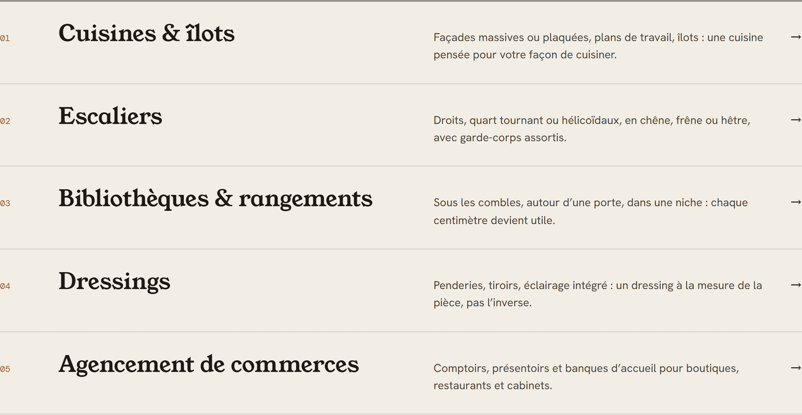 Liste des savoir-faire de l’atelier, numérotés de 01 à 05.
