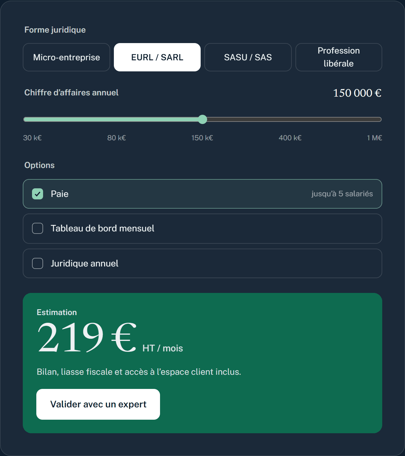Simulateur d’honoraires avec forme juridique, chiffre d’affaires, options et estimation mensuelle.