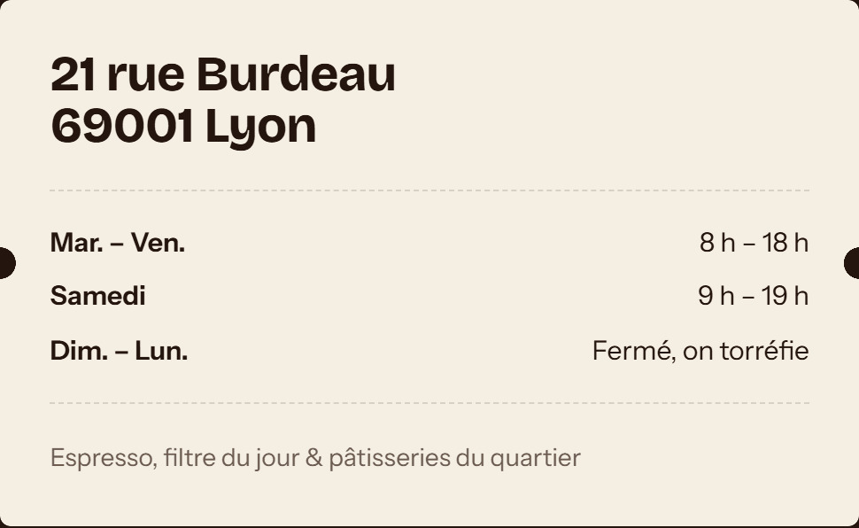 Ticket découpé présentant l’adresse et les horaires du comptoir Orée.