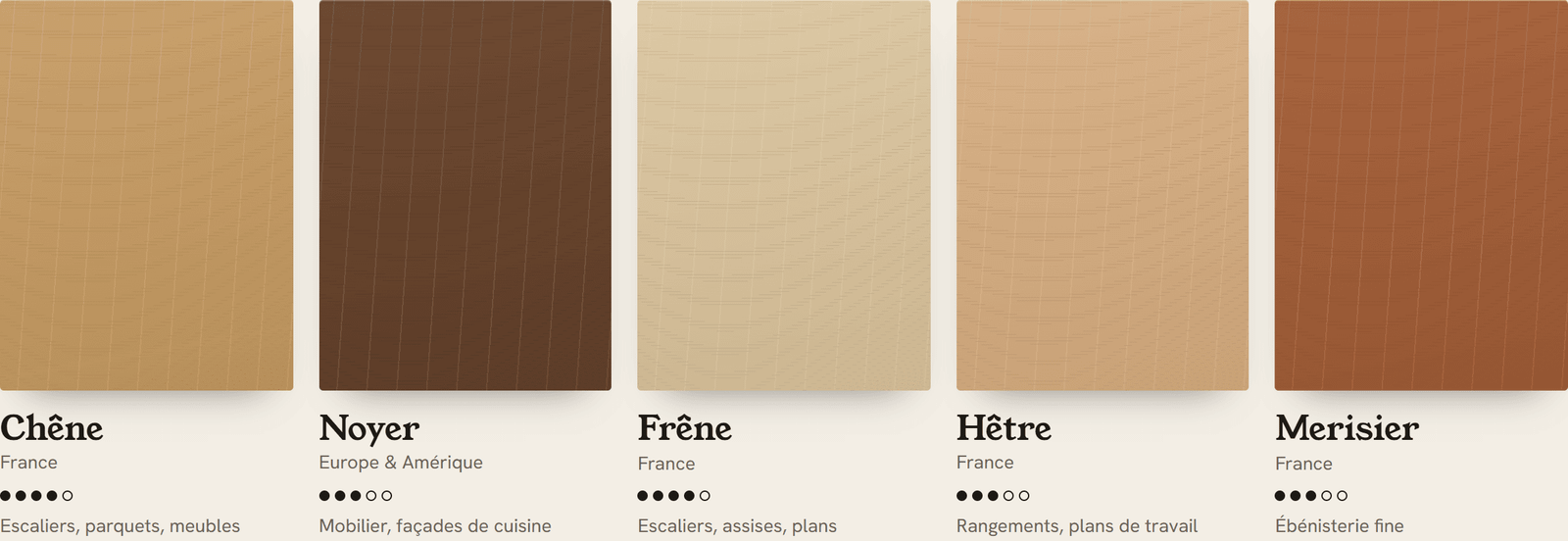 Nuancier de cinq essences de bois avec leur dureté.