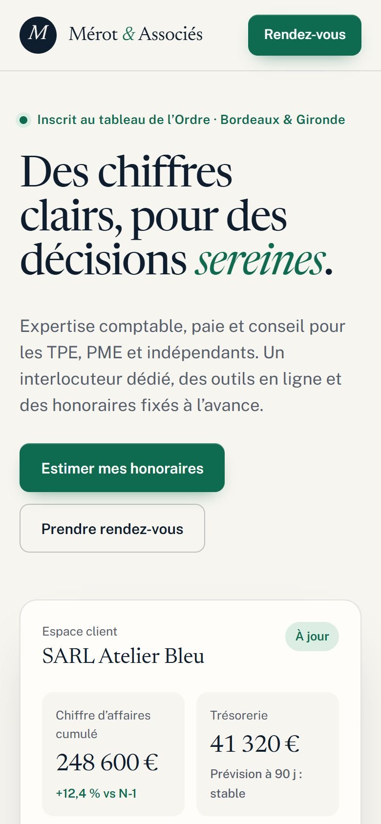 Mérot & Associés (Expertise comptable) : écran d’accueil sur mobile