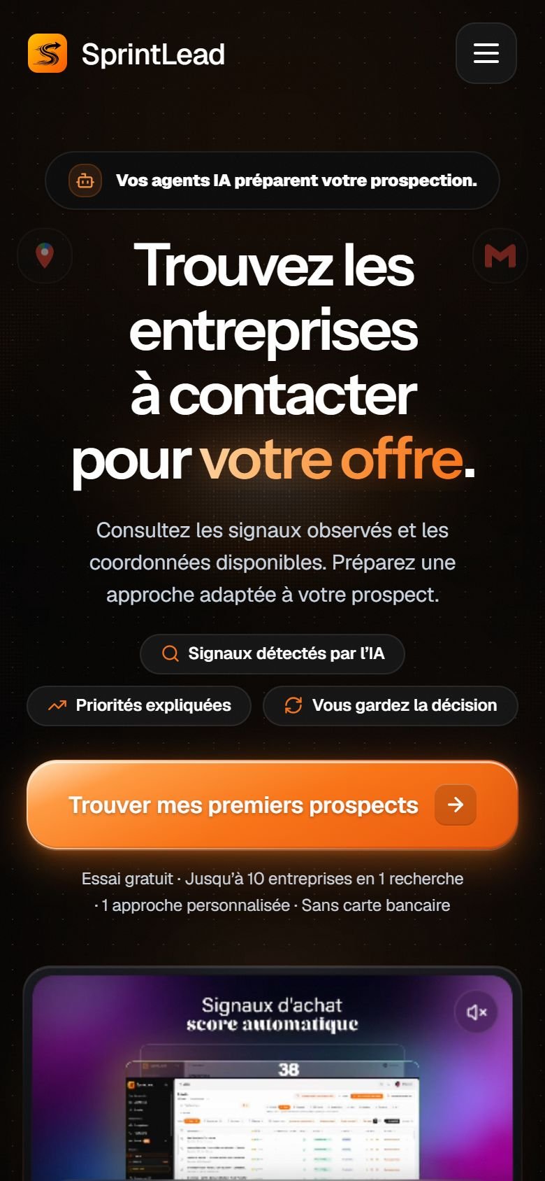 SprintLead (Logiciel de prospection B2B) : écran d’accueil sur mobile