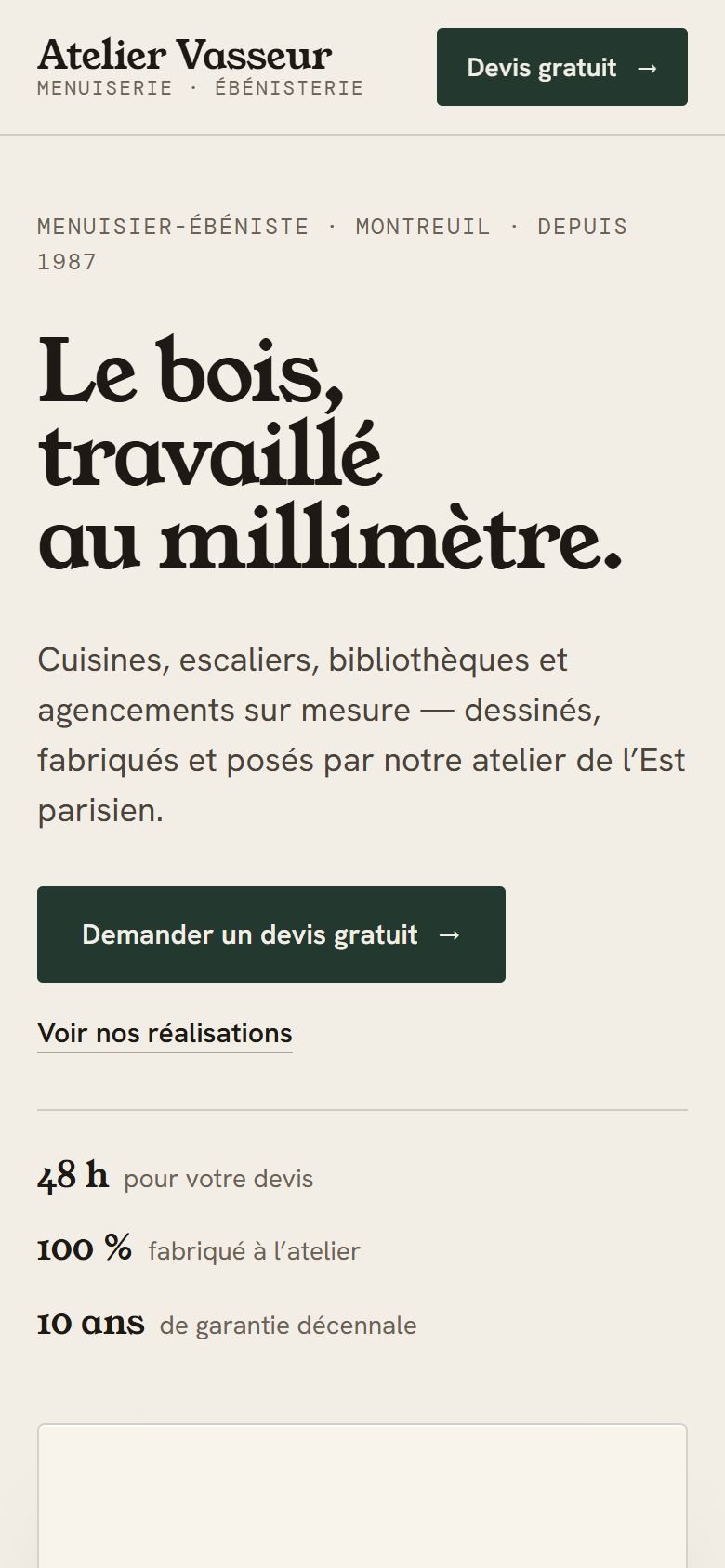 Atelier Vasseur (Menuisier-ébéniste) : écran d’accueil sur mobile