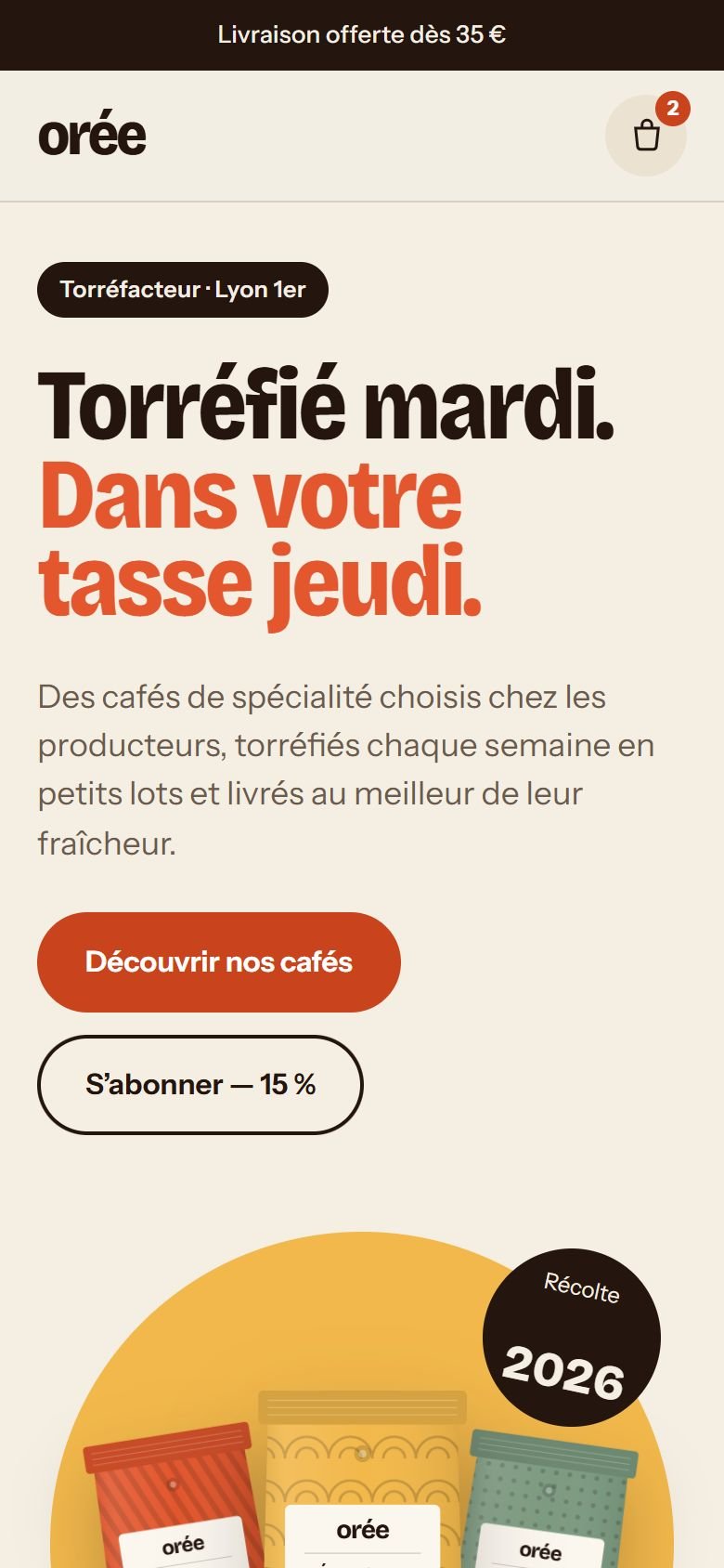 Orée (Torréfacteur) : écran d’accueil sur mobile